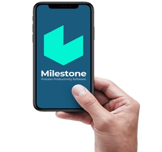 A hand holding a phone with the Milestone Project Management Software.