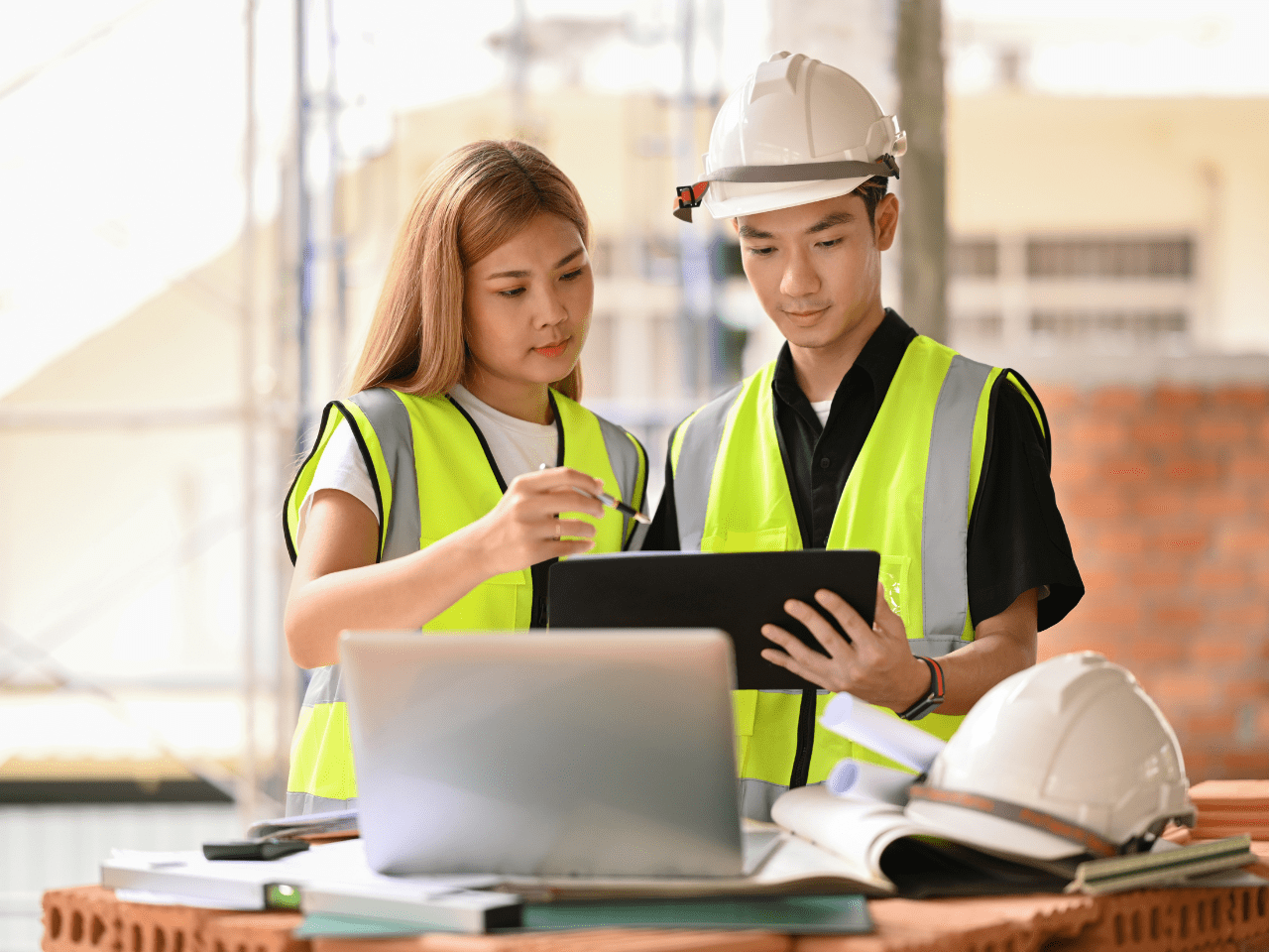 Asian man and woman looking at a tablet while carrying out a construction project review to build on their success.
